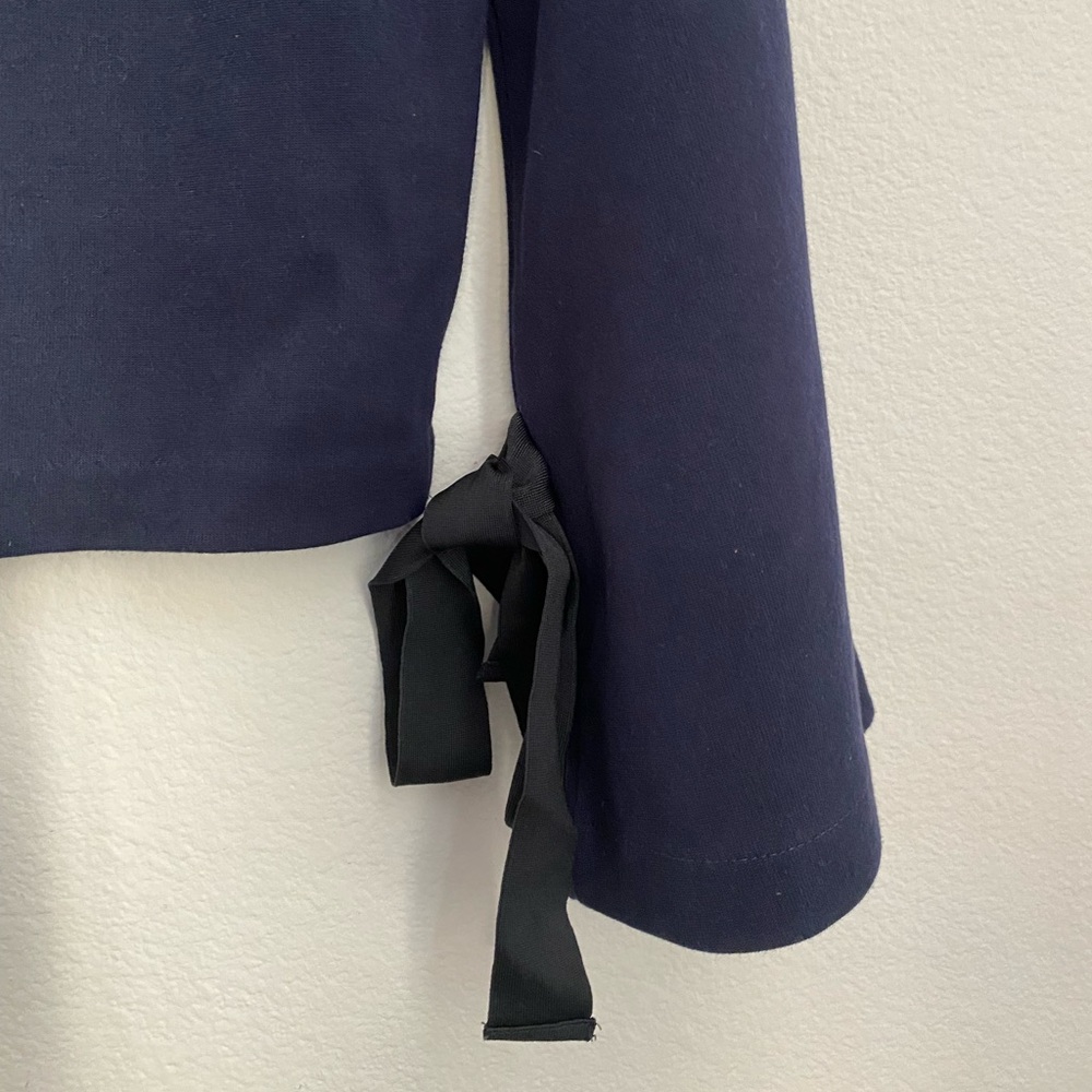 J. Crew • Navy Blue Tie Bell Shaped Long Sleeve Knit Blouse Top - Picture 14 of 16